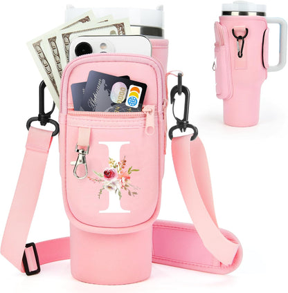 Initial Water Bottle Holder with Strap for Stanley Cup Accessories 40 oz/Simple Modern Tumbler, Birthdays for Women Girls, Water Bottle Carrier Bag with Phone Pocket,Hiking Walking Gym Camping