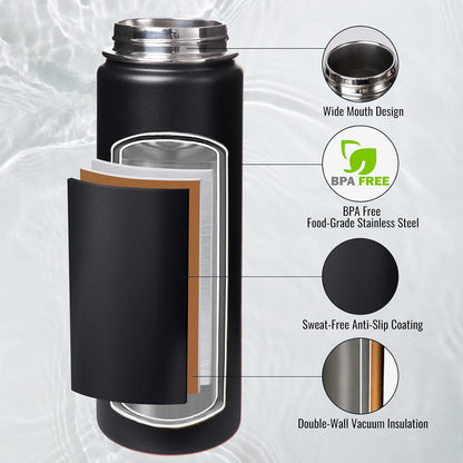 Fijinhom 24 oz Insulated Water Bottle with Handle, 304 Stainless Steel Water Bottles with Wide Mouth, Double Wall Vacuum Sports Water Bottle, BPA Free, Keep Cold and Hot, Black | with Handle
