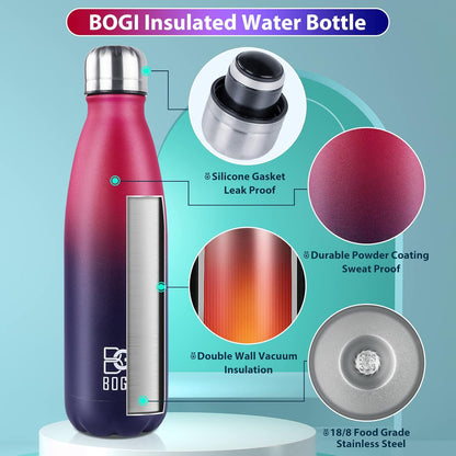 BOGI 17oz Insulated Water Bottle Double Wall Vacuum Stainless Steel Water Bottles, Leak Proof Metal Sports Water Bottle Keeps Drink Hot and Cold - Perfect for Outdoor Sports Camping Biking (Purple)