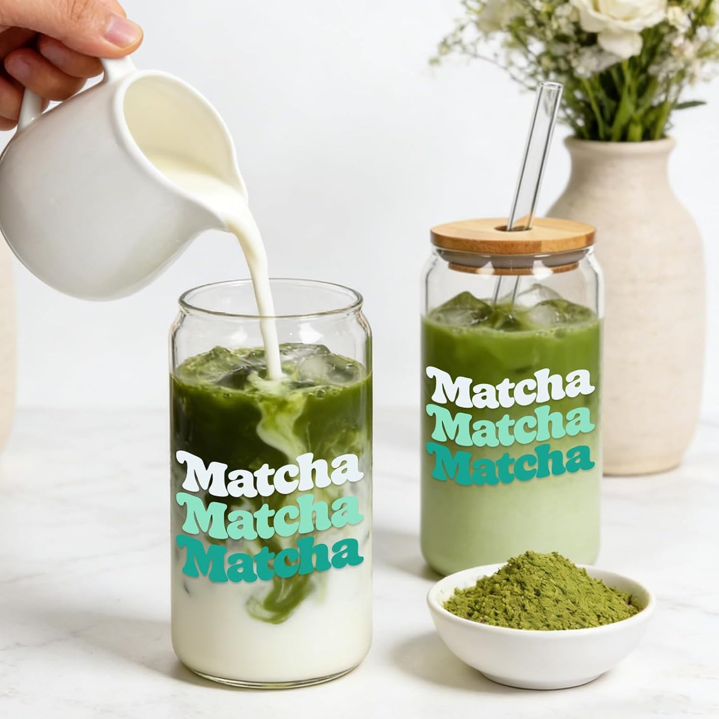 Mason Life Matcha Cup, 18 OZ Cute Glass with Lid and Straw, Matcha Drinking Cup Beer Can Glass for Valentines Day Gift Iced Coffee Smoothie Cocktail Milk Mother's Gifts
