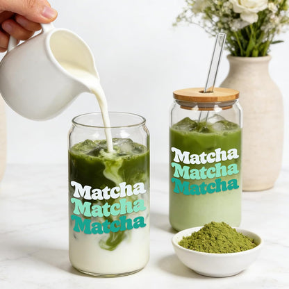 Mason Life Matcha Cup, 18 OZ Cute Glass with Lid and Straw, Matcha Drinking Cup Beer Can Glass for Valentines Day Gift Iced Coffee Smoothie Cocktail Milk Mother's Gifts