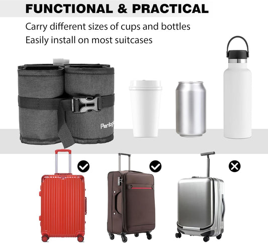 Perilogics Luggage Travel Cup Holder Hands Free Drink Caddy for Suitcase Handle. Perfect Airplane Travel Essential Accessory Gift for Frequent Traveler, Flight Attendant or with Children (Dark Gray)