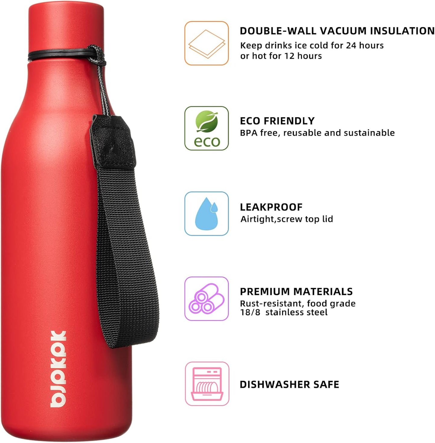 BJPKPK Insulated Water Bottles, 18 oz Stainless Steel Metal Water Bottle with Strap, BPA Free Leak Proof Jugs, Mugs, Flasks, Reusable Thermal Flasks for Sports & Travel, Black - Colors B