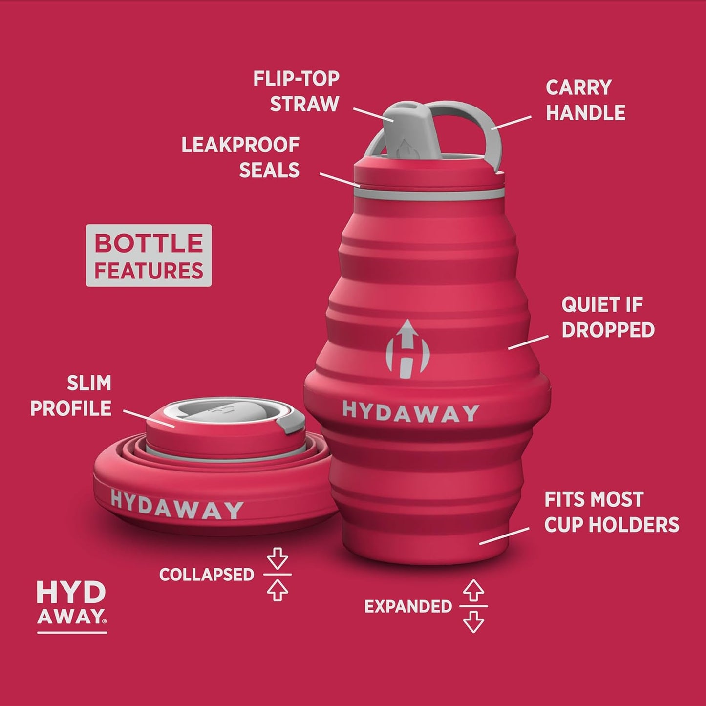 HYDAWAY 17oz Travel Collapsible Water Bottle - BPA-Free, Leakproof, Lightweight, Space-Saving