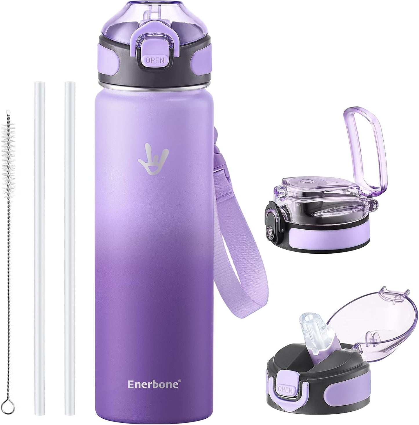Enerbone 24 oz Insulated Water Bottle, Stainless Steel Bottle with Carrying Strap, Double-Wall Vacuum Insulation Design, Leakproof Sports Bottle with Straw, Keep Drinks Cold or Hot for Hours