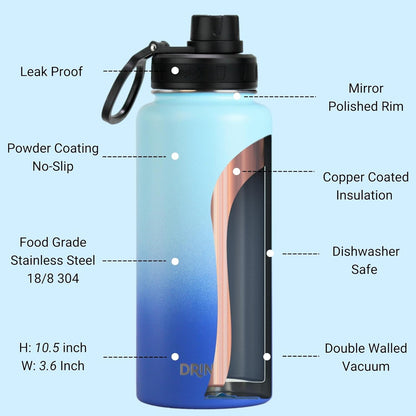 Drinco Stainless Steel Water Bottle Spout Lid Vacuum Insulated Double Wall Water Bottle Wide Mouth (40oz 32oz 22oz 18oz 14oz) Leak Proof Keep Cold Sport Camping Hiking (22 oz, 22oz Black)