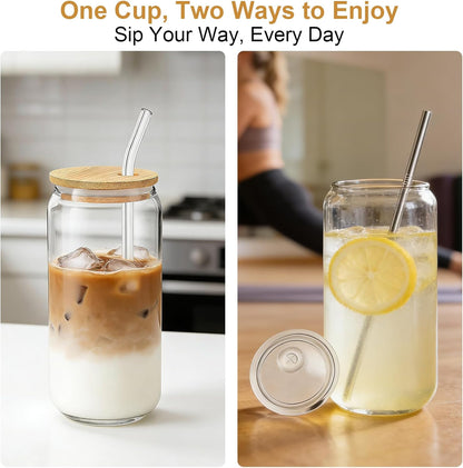 Glass Cups with Lids and Straws Set of 2 - Iced Coffee Cups with Lids for Cold Brew and Beer, 20 oz Can Shaped Glass with Bamboo Lids and Straws - Aesthetic Coffee Bar Gift for Coffee Lovers