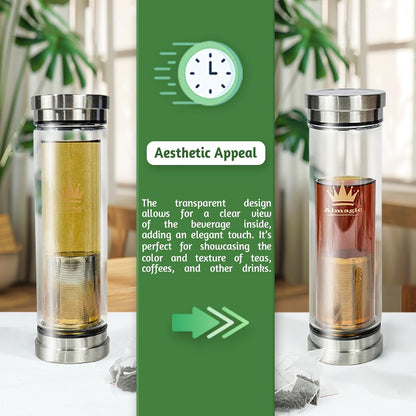 Tea Infuser Bottle for Loose Leaf Teas, 400 ml / 13.5 fl oz Double Wall Glass Tea Bottle with Infuser, Insulated Tea Tumbler with Infuser, Leak Proof Water Bottle with Protective Travel Sleeve