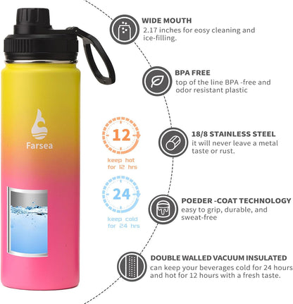 Farsea Insulated Water Bottle With Paracord Handle, Protective Silicone Boot and 2 Lids (Straw Lid & Spout Lid), Stainless Steel Water Bottle Wide Mouth, Double Wall Sweat-Proof BPA-Free, 24 oz