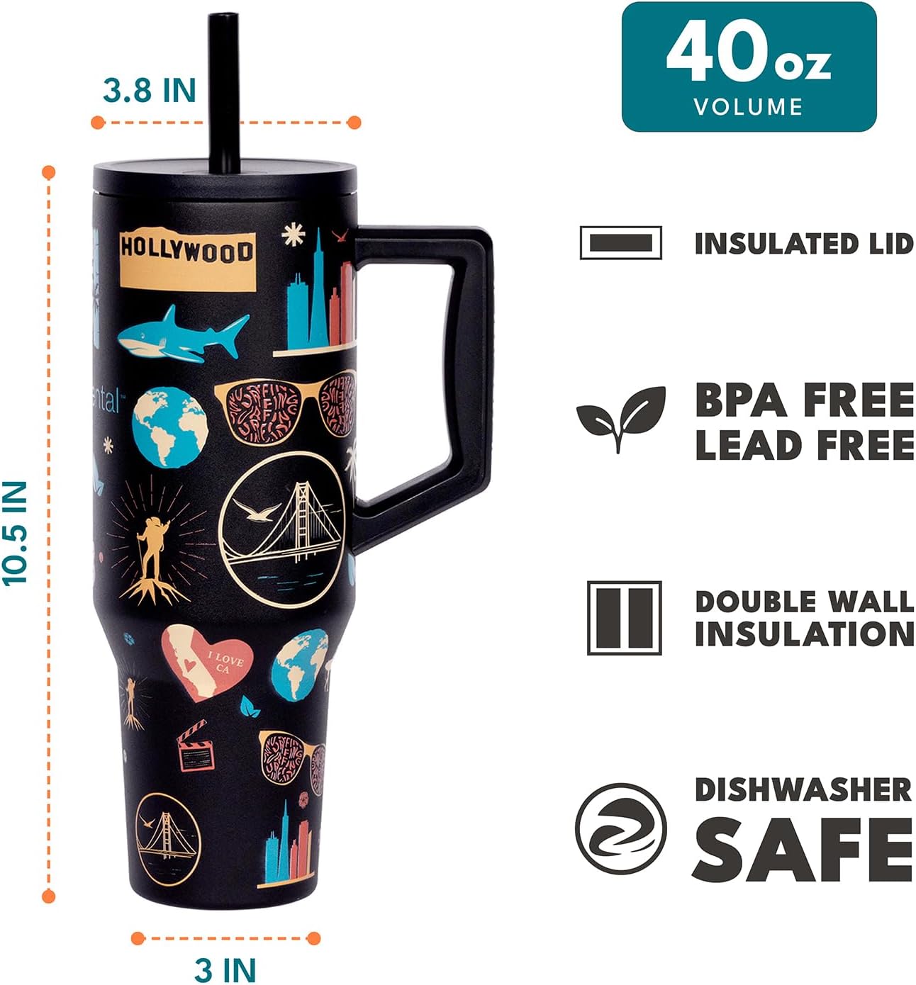 Elemental 32 oz 100% Leak Proof Tumbler with Handle & Straw - Stainless Steel Double Wall Insulated Tumbler for Hot and Cold Beverages - Travel Coffee Mug with Sip & Straw Lid - White - Colors A