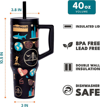 Elemental 32 oz 100% Leak Proof Tumbler with Handle & Straw - Stainless Steel Double Wall Insulated Tumbler for Hot and Cold Beverages - Travel Coffee Mug with Sip & Straw Lid - White - Colors A