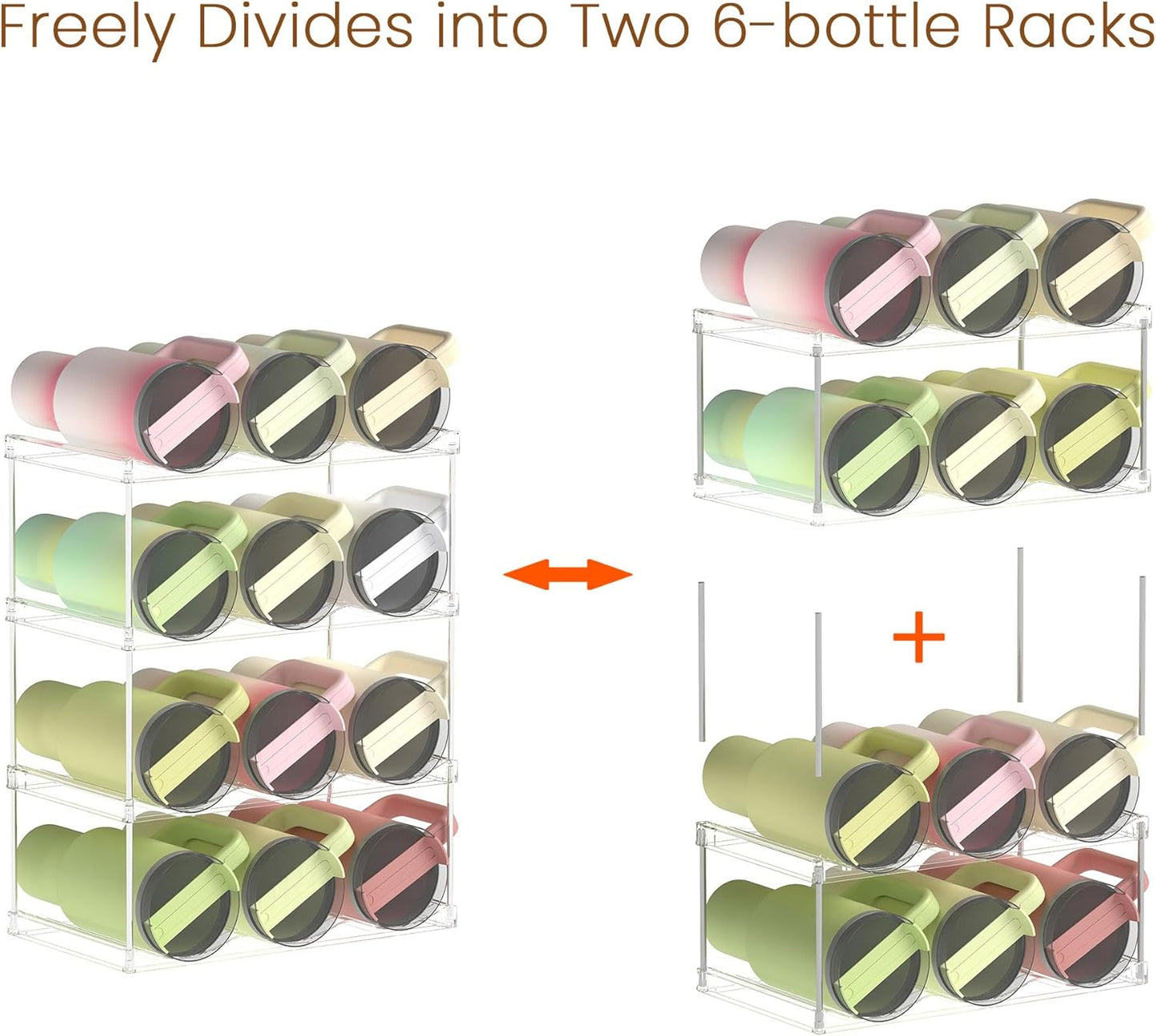 LAMU Stackable Water Bottle Holder Organzier for 40 oz Large Tumbler, 2 Tier Clear Tumbler Bottle Cup Rack for Kitchen Cabinet Organziers and Storage, Hold 6