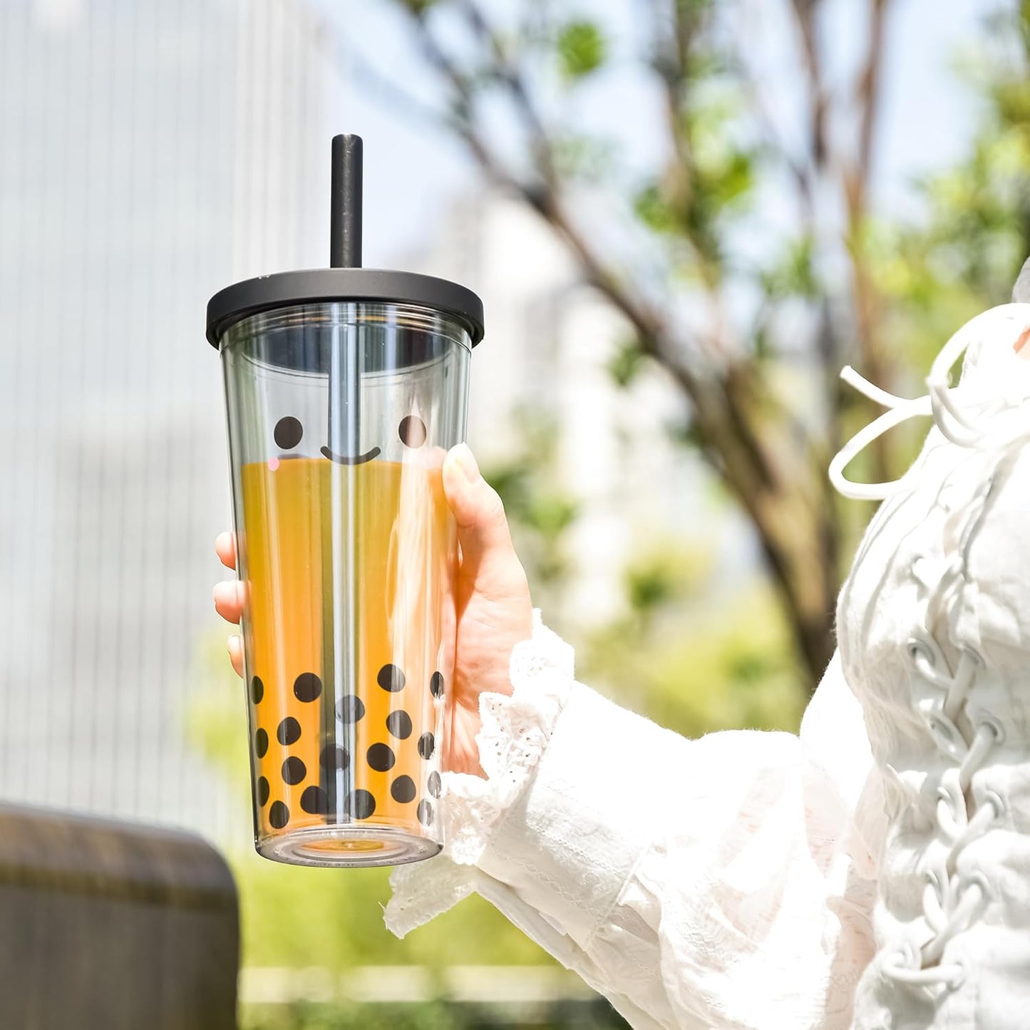 sweet grain Reuasble Boba Cup, 24 oz 100% Leak Proof and Double Wall Insulated Iced Coffee Tumbler with Reusable Plastic Straws and Straw Cleaner(Sky Blue)