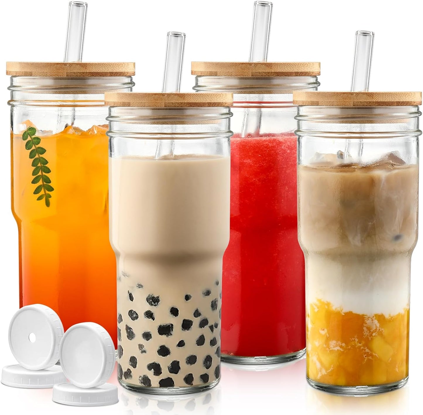 DWTS DANWEITESI Glass Cups with Lids and Straws,24 oz Smoothie Cup with Lid and Straw-Boba Mason Jar,Matcha Cup Wide Mouth Reusable Drinking Glasses,Iced Coffee Cups Glass,Vasos De Vidrio【4 Pack】