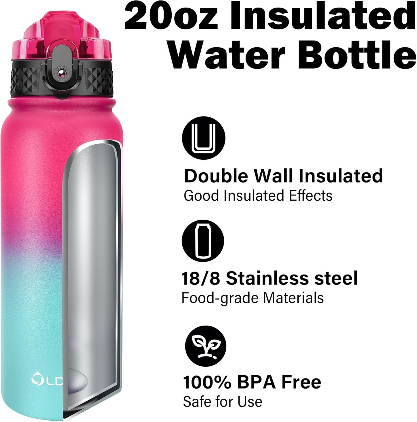 Oldley Insulated Water Bottle 20oz for Adults Kids Stainless Steel Water Bottles with Straw/Chug/Carabiner 3 Lids Fruit Strainer Double Wall Vacuum Wide Mouth BPA Free Leak-Proof for School Travel