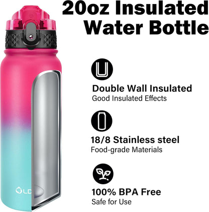 Oldley Insulated Water Bottle 20oz for Adults Kids Stainless Steel Water Bottles with Straw/Chug/Carabiner 3 Lids Fruit Strainer Double Wall Vacuum Wide Mouth BPA Free Leak-Proof for School Travel