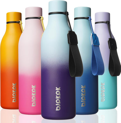 BJPKPK Insulated Water Bottles, 18 oz Stainless Steel Metal Water Bottle with Strap, BPA Free Leak Proof Jugs, Mugs, Flasks, Reusable Thermal Flasks for Sports & Travel, Black - Colors B