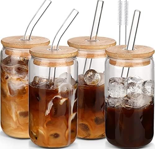 16 oz Glass Cups with Lids and Straws,Reusable Iced Coffee Cups Glass