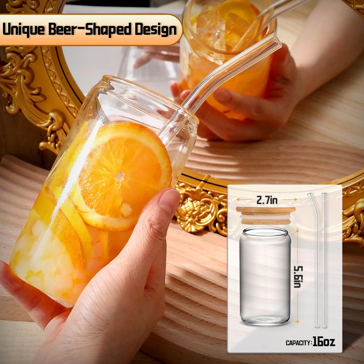 16 oz Glass Cups with Lids and Straws,Reusable Iced Coffee Cups Glass