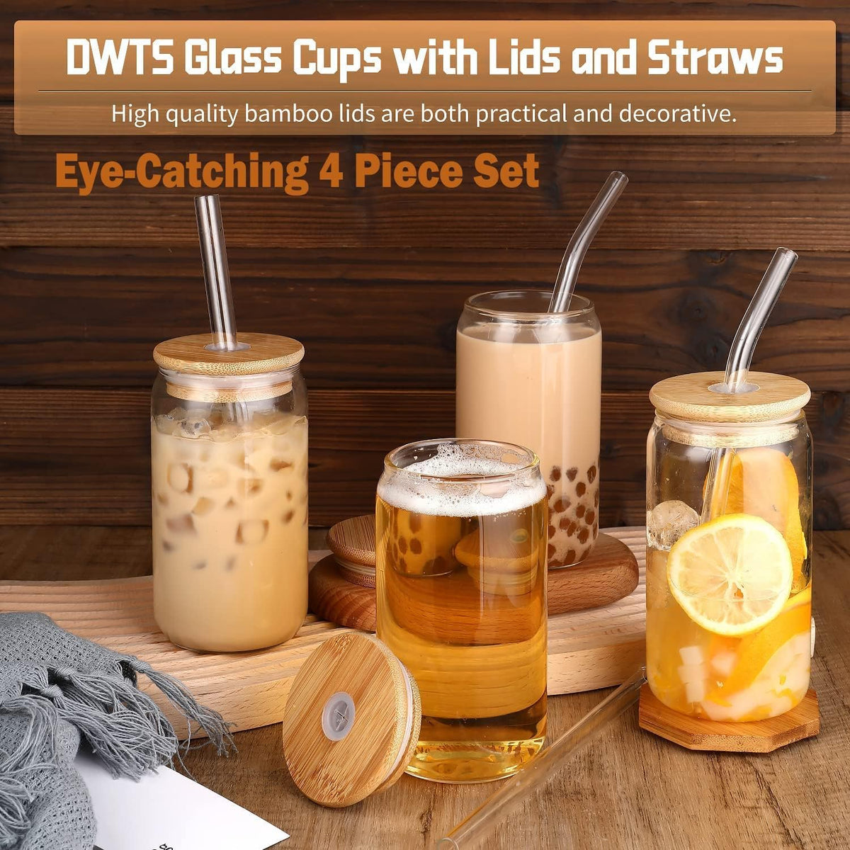 16 oz Glass Cups with Lids and Straws,Reusable Iced Coffee Cups Glass