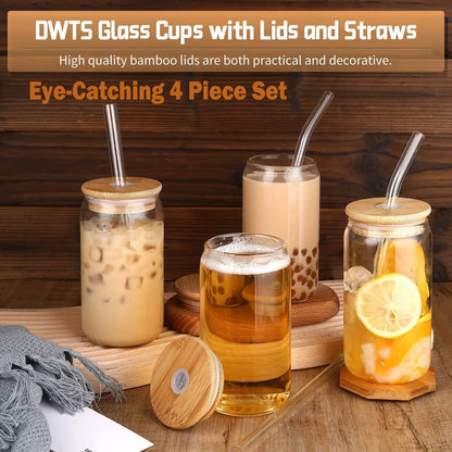 16 oz Glass Cups with Lids and Straws,Reusable Iced Coffee Cups Glass