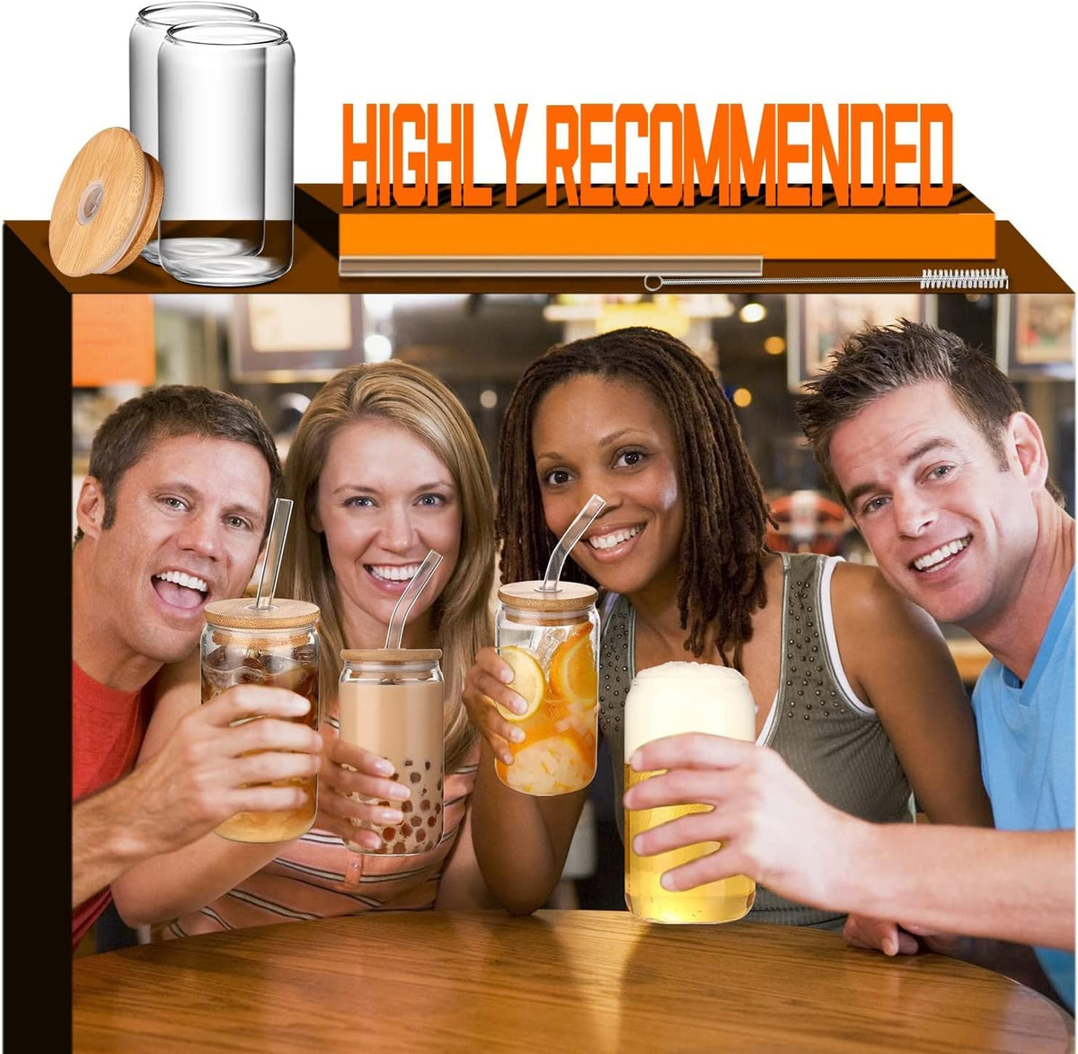16 oz Glass Cups with Lids and Straws,Reusable Iced Coffee Cups Glass