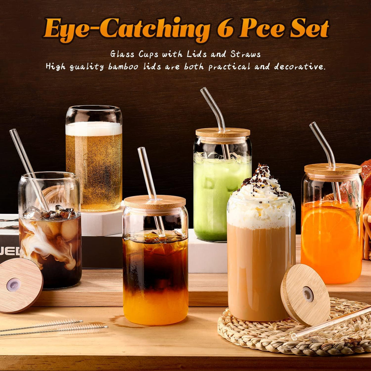 16 oz Glass Cups with Lids and Straws,Reusable Iced Coffee Cups Glass