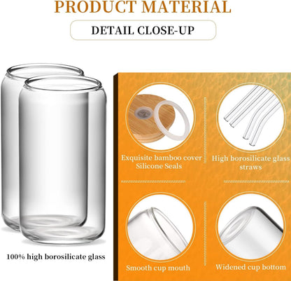 16 oz Glass Cups with Lids and Straws,Reusable Iced Coffee Cups Glass