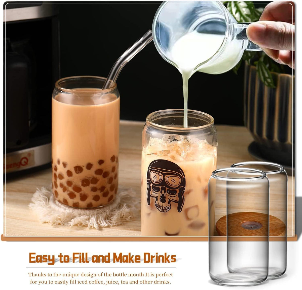 16 oz Glass Cups with Lids and Straws,Reusable Iced Coffee Cups Glass