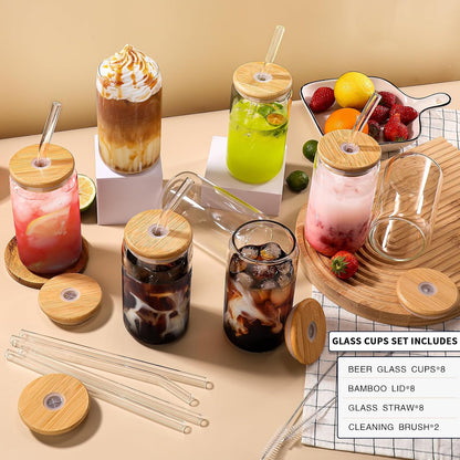 16 oz Glass Cups with Lids and Straws,Reusable Iced Coffee Cups Glass