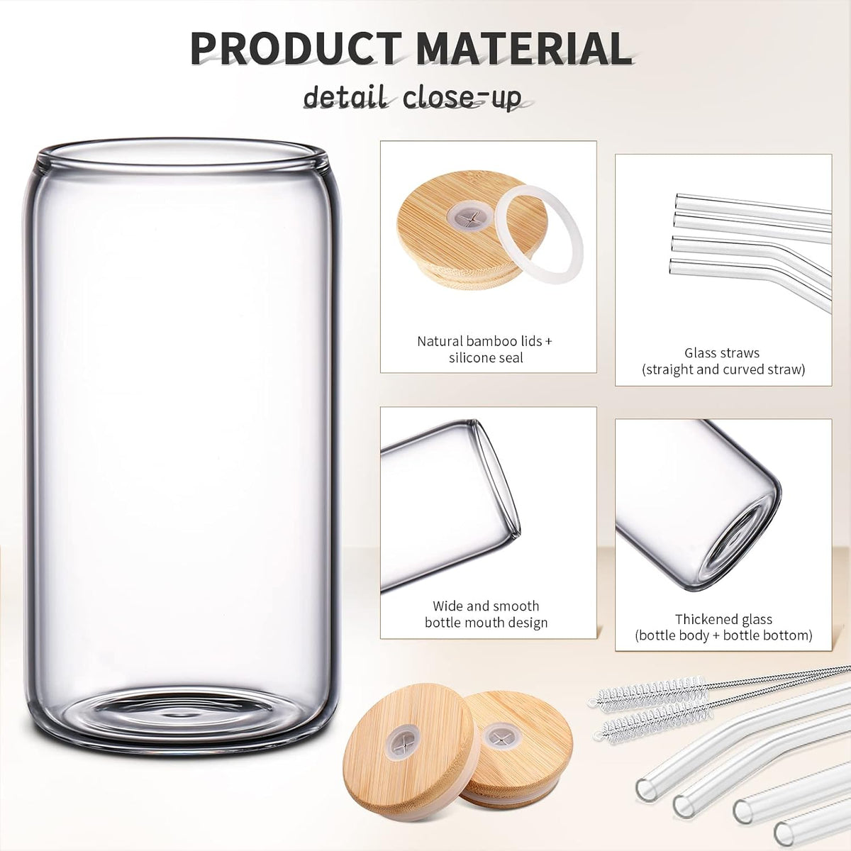 16 oz Glass Cups with Lids and Straws,Reusable Iced Coffee Cups Glass