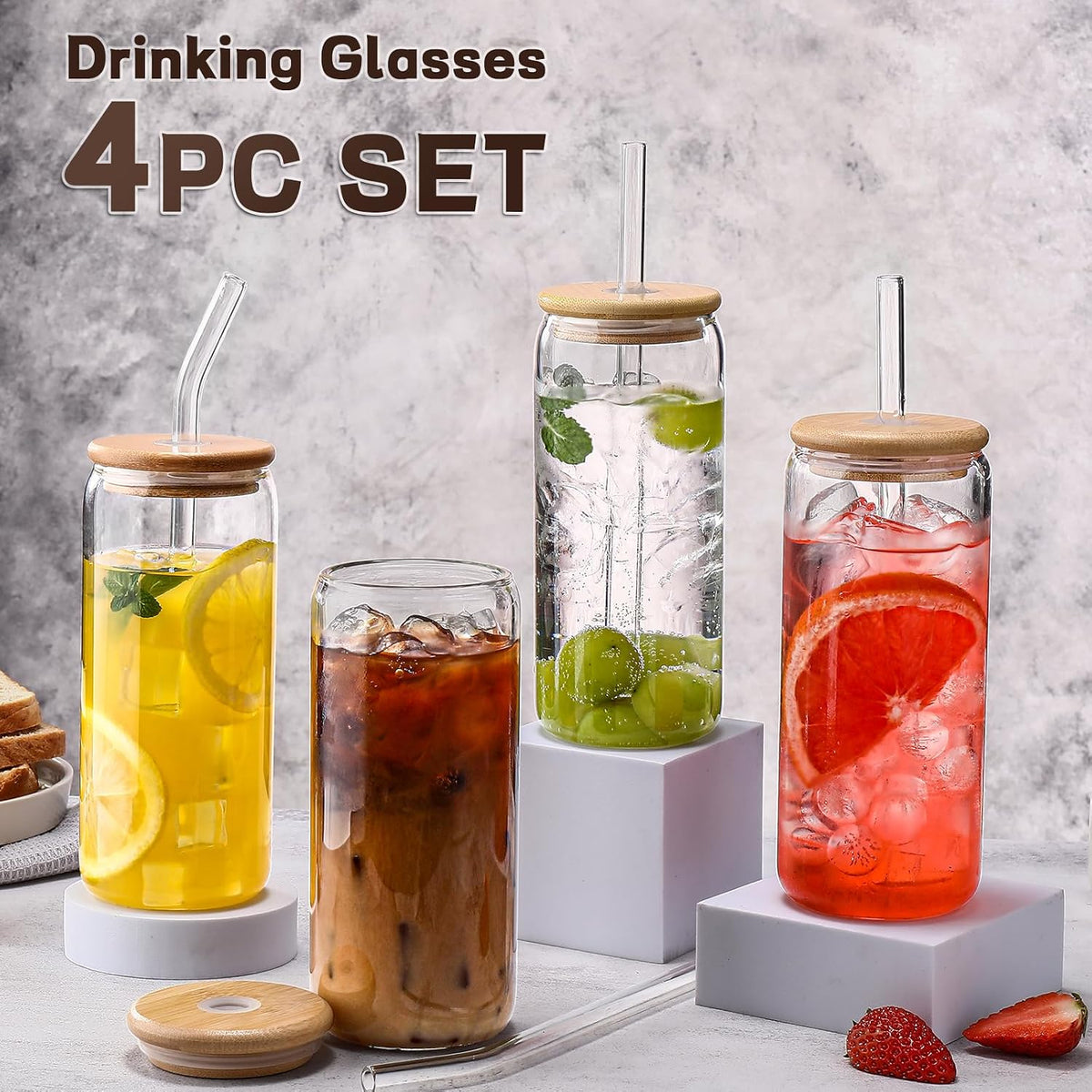 16 oz Glass Cups with Lids and Straws,Reusable Iced Coffee Cups Glass