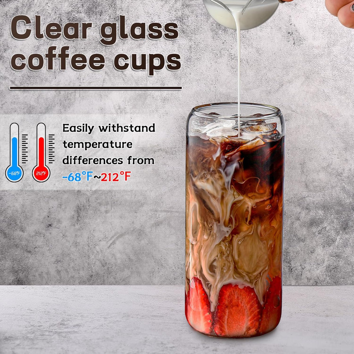 16 oz Glass Cups with Lids and Straws,Reusable Iced Coffee Cups Glass