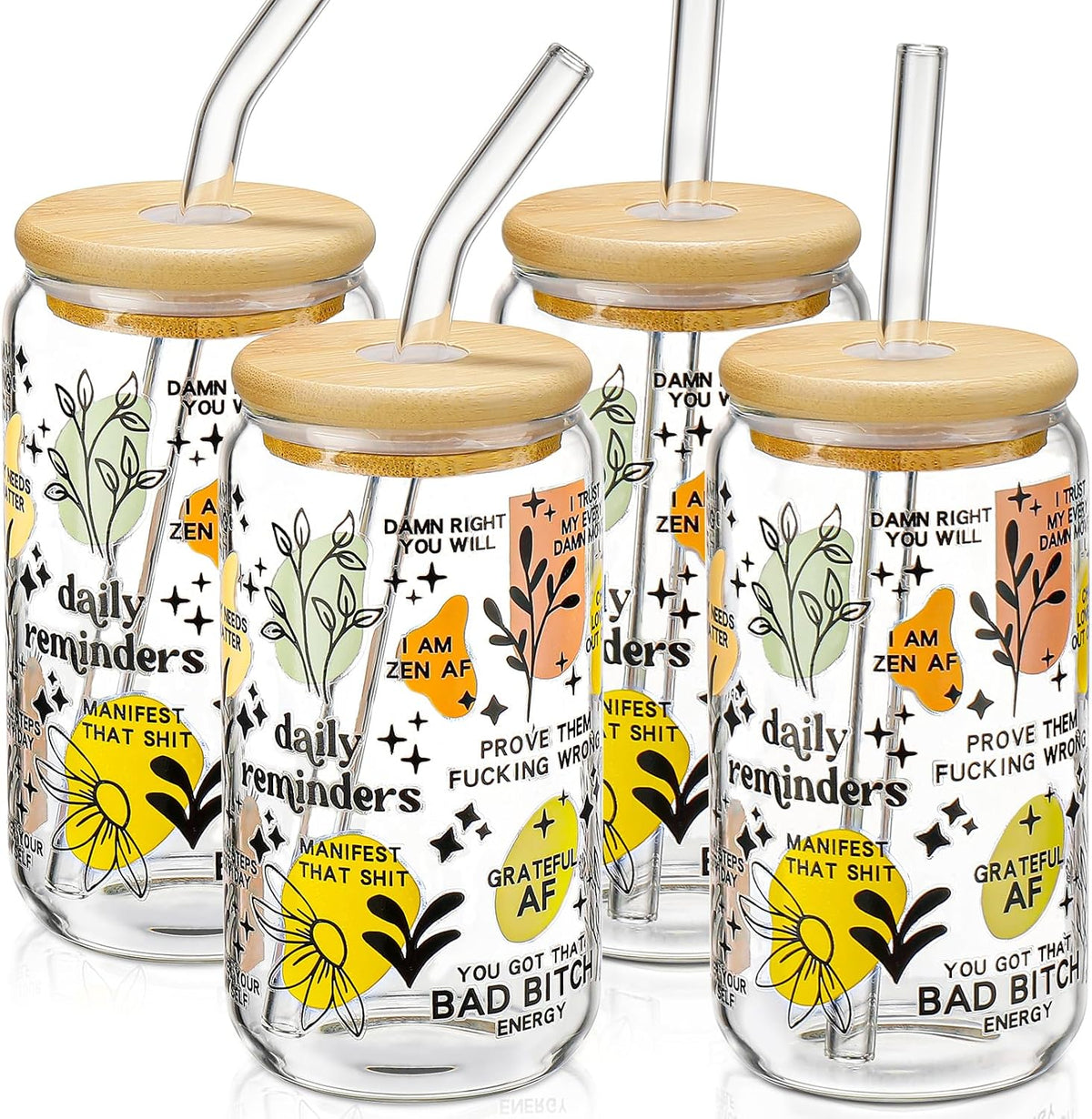 16 oz Glass Cups with Lids and Straws,Reusable Iced Coffee Cups Glass