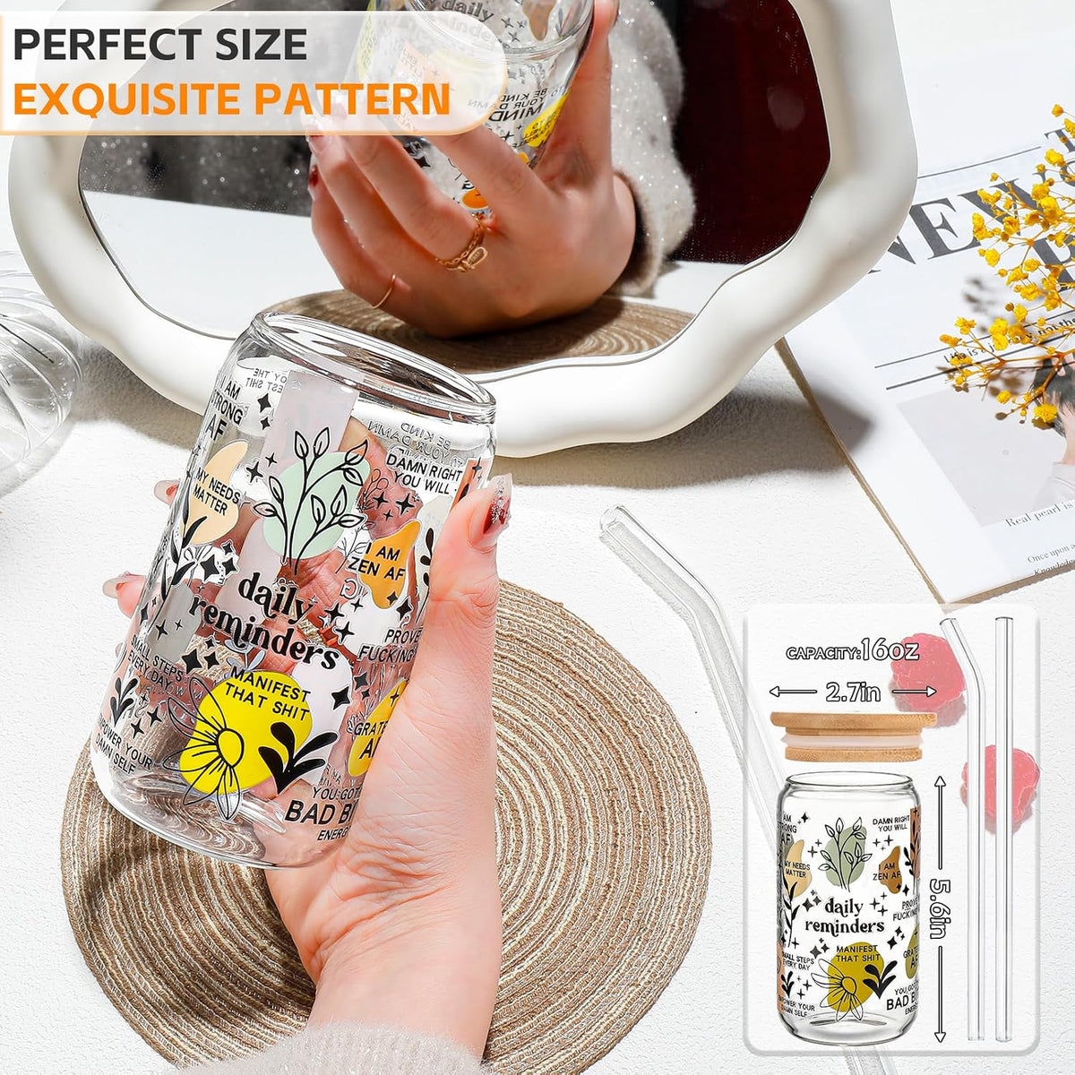 16 oz Glass Cups with Lids and Straws,Reusable Iced Coffee Cups Glass