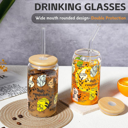 16 oz Glass Cups with Lids and Straws,Reusable Iced Coffee Cups Glass