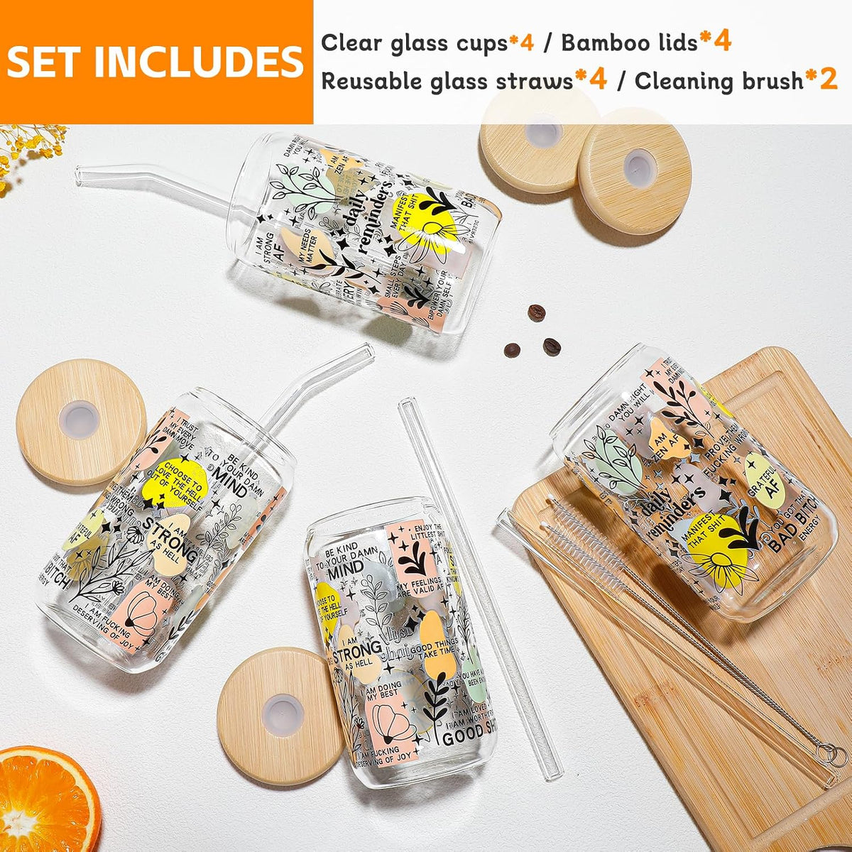 16 oz Glass Cups with Lids and Straws,Reusable Iced Coffee Cups Glass
