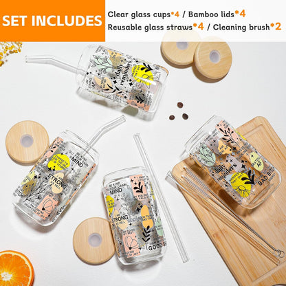 16 oz Glass Cups with Lids and Straws,Reusable Iced Coffee Cups Glass