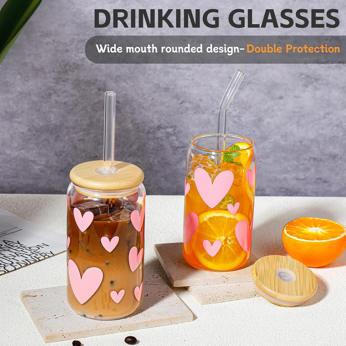 16 oz Glass Cups with Lids and Straws,Reusable Iced Coffee Cups Glass