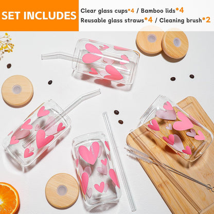 16 oz Glass Cups with Lids and Straws,Reusable Iced Coffee Cups Glass