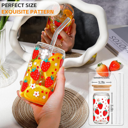 16 oz Glass Cups with Lids and Straws,Reusable Iced Coffee Cups Glass