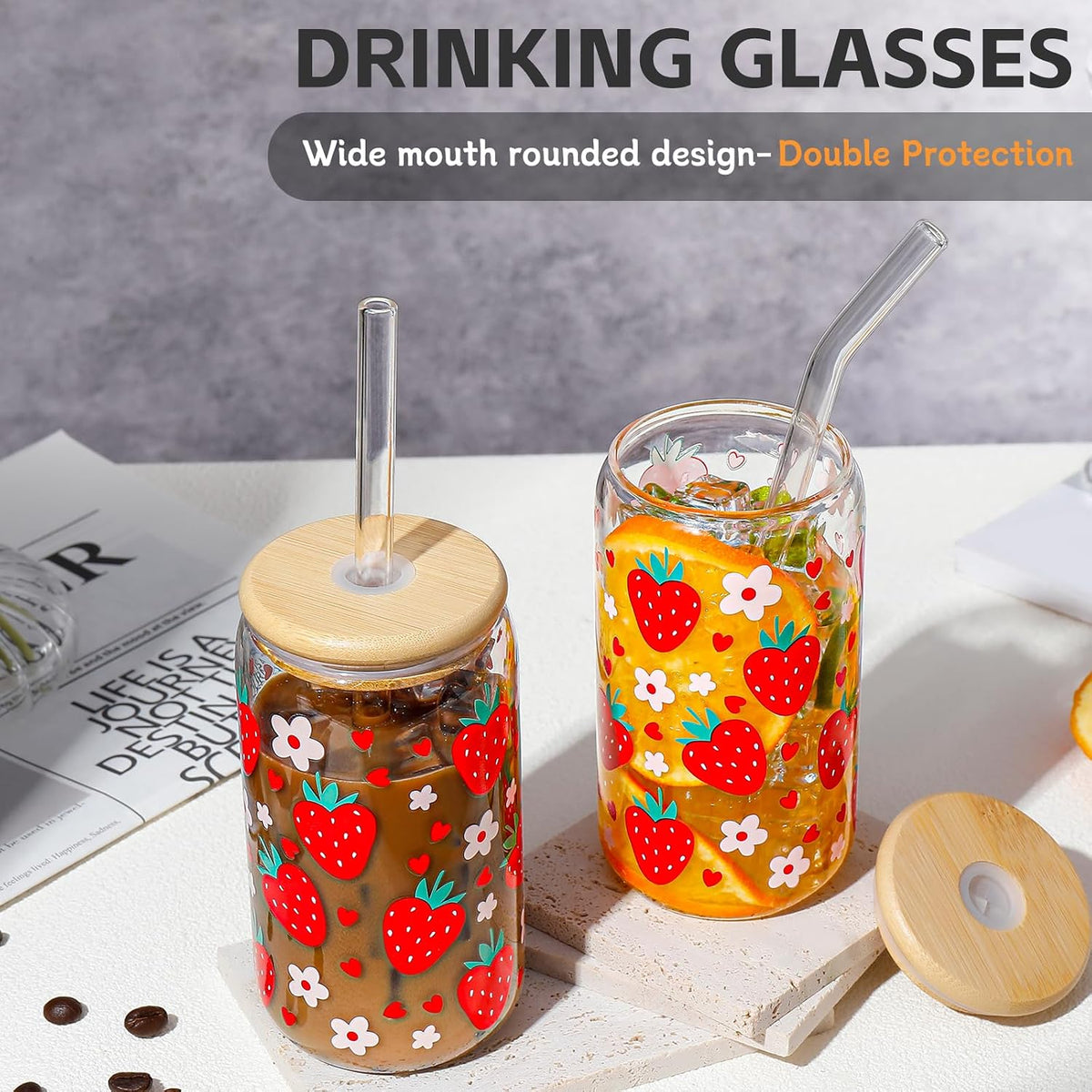 16 oz Glass Cups with Lids and Straws,Reusable Iced Coffee Cups Glass