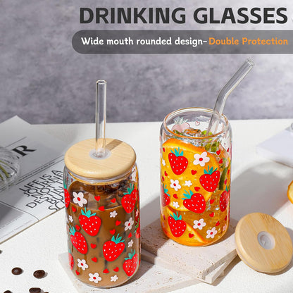 16 oz Glass Cups with Lids and Straws,Reusable Iced Coffee Cups Glass
