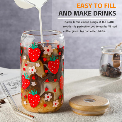 16 oz Glass Cups with Lids and Straws,Reusable Iced Coffee Cups Glass