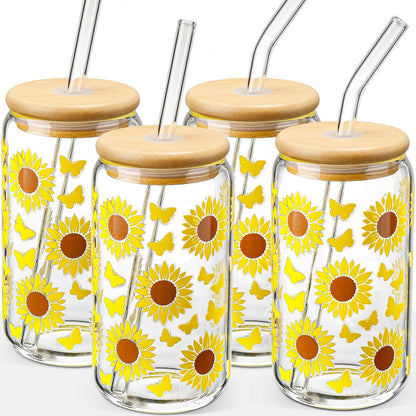 16 oz Glass Cups with Lids and Straws,Reusable Iced Coffee Cups Glass