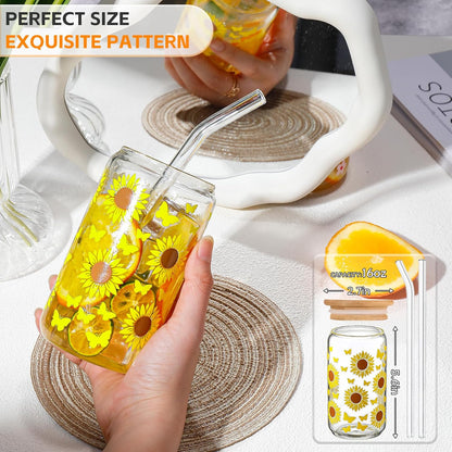 16 oz Glass Cups with Lids and Straws,Reusable Iced Coffee Cups Glass