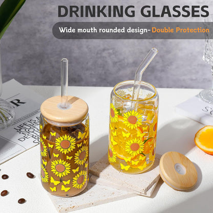 16 oz Glass Cups with Lids and Straws,Reusable Iced Coffee Cups Glass