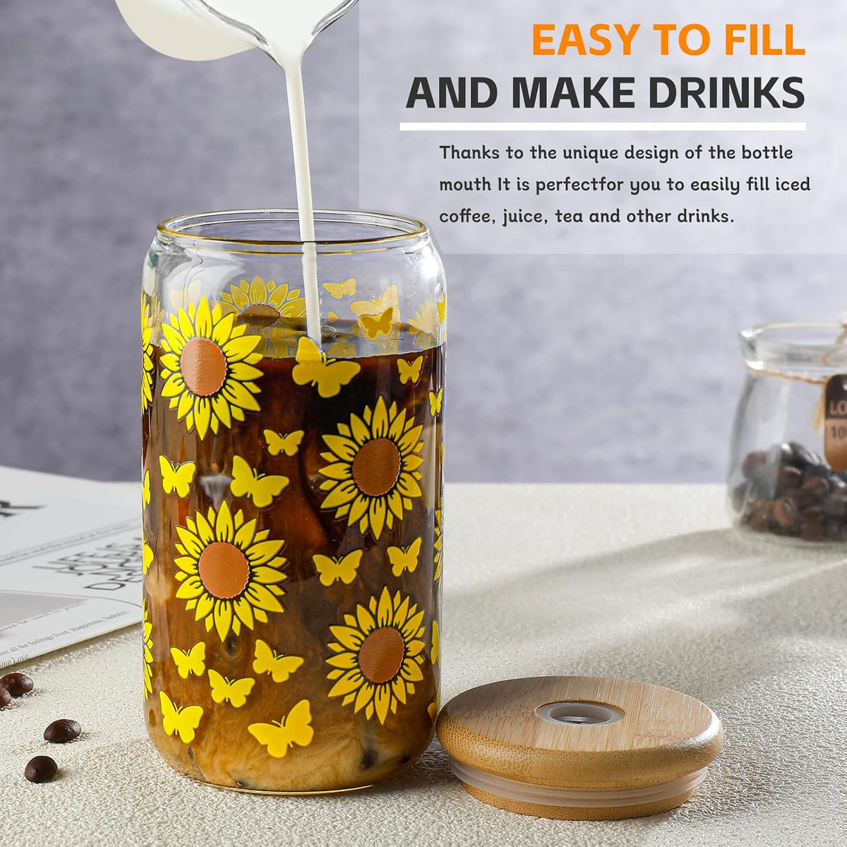 16 oz Glass Cups with Lids and Straws,Reusable Iced Coffee Cups Glass