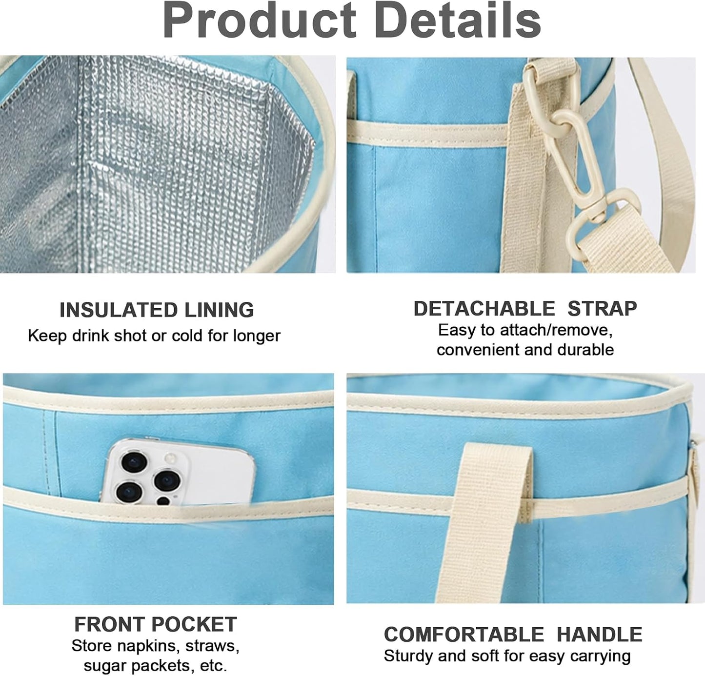 4 Compartment Insulated Drink Carrier Bag for 4 Cups Drink Holder Bag, Multiple Tumbler Carrier Caddy Tote Bag, Water Bottle Holder with Adjustable Strap, Drink Bag for Travel, Picnic, Sports
