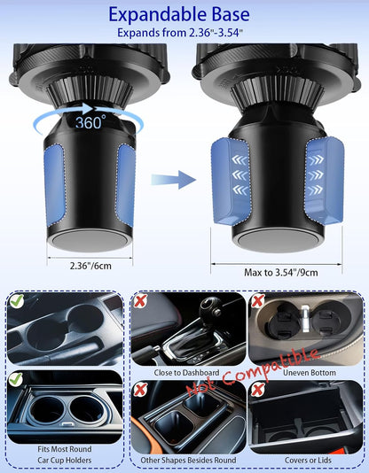 Car Cup Holder Tray - 4 in 1 Adjustable Car Cup Holder Expander with Food Tray Table and Phone Mount 360° Swivel for All Purpose, Automotive Essentials for Driver and Front Passenger